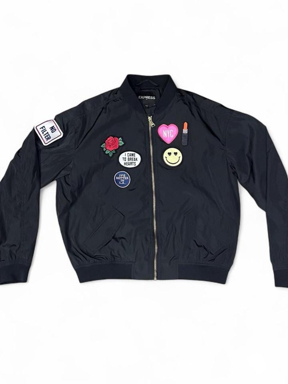 Express Men's Black Bomber Jacket with Decorative Patchwork